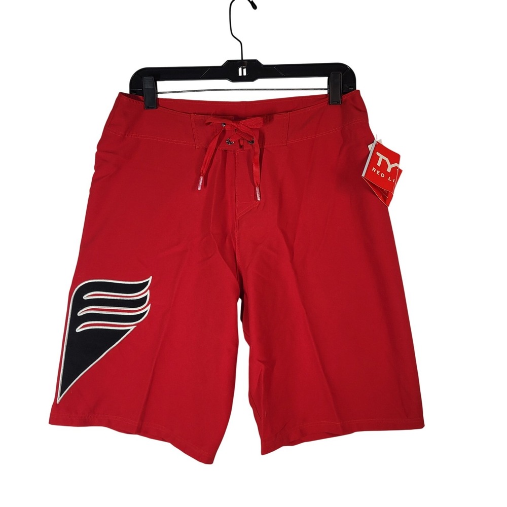 TYR Red Line Men's Chevron Board Shorts Red Size 32 Swim Trunks 10" New
